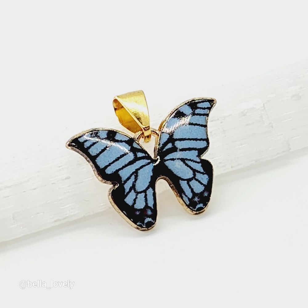 Small Blue Black Tibetan Gold Enamel Mixed Butterfly Pendant 0.8"